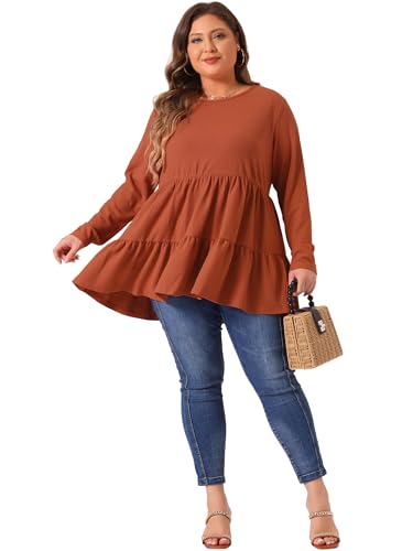 Agnes Orinda Plus Size Babydoll Tops for Women Long Sleeve Crew Neck Casual Loose Peplum Tops Blouses Tunics3