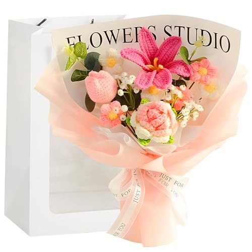 ELLECILA Crochet Flowers Bouquet Knitted Flower Bouquet, Artificial Tulip Crochet Flower Bouquets, Handmade Knitted Flowers for Anniversary Birthday Party Graduation (Light Pink)
