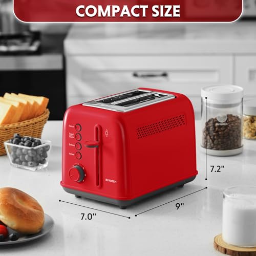 Image of BUYDEEM DT620 2-Slice Toaster, Extra Wide Slots, Retro Stainless Steel with High Lift Lever, Bagel and Muffin Function, Removal Crumb Tray, 7-Shade Settings,Red