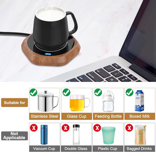 Image of Coffee Mug Warmer for Desk - Wooden Auto Shut Off Drink Warmer for Milk Tea Water Cocoa - Smart Beverage Heating Candle Wax Plate - Hexagonal
