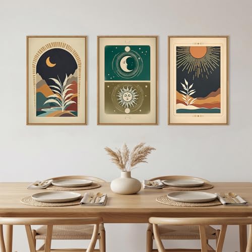 Image of KAIRNE Moody Sun and Moon Framed Canvas Wall Art Set,Boho Desert Botanical Wall Decor,Abstract Vintage Black Art Prints,Retro Southwestern Artwork for Living Room,Bedroom,Farmhouse,Office-16 x24 x3