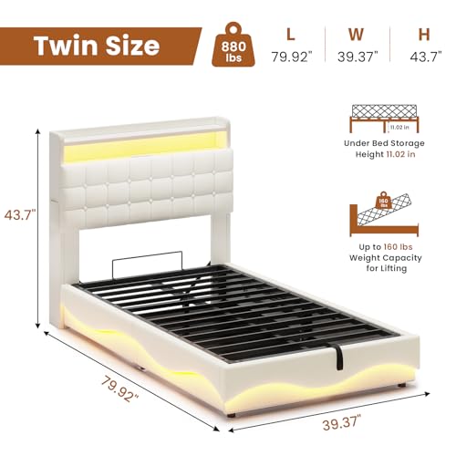 Image of ADORNEVE Lift Up Storage Twin Bed Frame with LED Lights, Hidden Storage Headboard and Charging Station, Upholstered Platform Bed, LED Bed with Hydraulic, No Box Spring Needed, Creamy White
