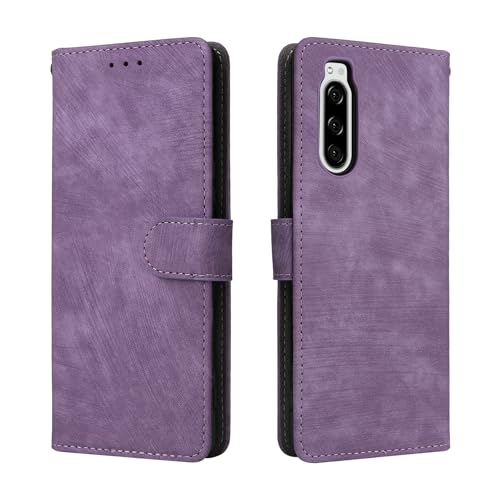 LMFULM® Hülle für Sony Xperia 5 J8210/ J8270/ J9210 (6,1 Zoll) PU Lederhülle Retro Gefrostet Magnetverschluss Handytasche Anti-Diebstahl-Bürste Brieftasche Stand Ledertasche Lila