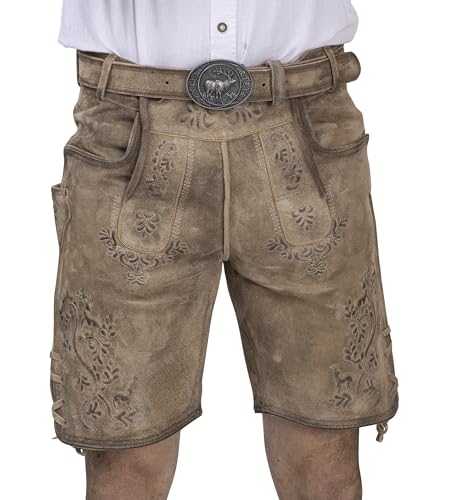 Schöneberger Trachten Couture Herren Lederhose kurz mit Trachtengürtel -Traditionelle Antik Trachtenhose für Oktoberfest aus Original Nubukleder (Wildbock,braun, 50)