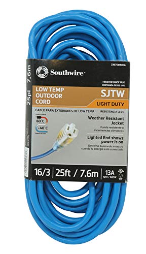 Southwire Coldflex Light Duty Extension Cord - 16/3 Gauge SJTW - Lighted Ends for Power Visibility - Reinforced Blades for Safety - Flexible in Extreme Cold - Blue - 25 Feet