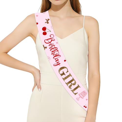 Leopard Print Cherry Birthday Girl Sash, Cheetah Birthday Decorations Pink Jungle Safari Theme Birthday Decor Cherry Sweet Sash for Girls Wild Bday Party Supplies