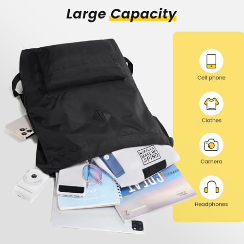 Vorspack Drawstring Backpack Water Resistant String Bag Cinch Bag Sports Gym Sack with Side Pocket for Men Women - Black - Thumbnail 3