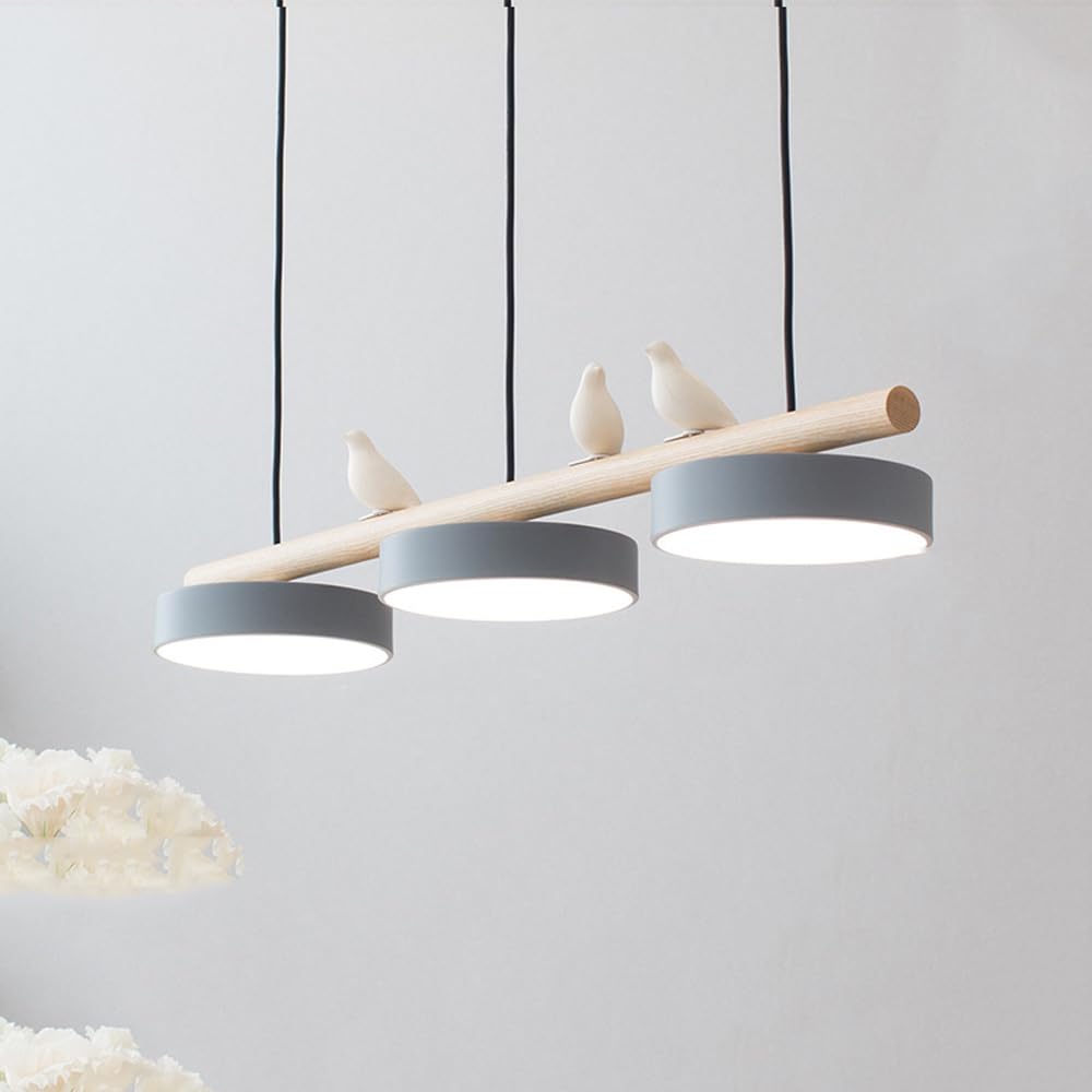 Lampadario lineare a LED Moderno a 3 luci per Tavolo da Pranzo, dimmerabile, a Striscia Lunga, Stile Nordico, con Decorazione a Uccelli, in Legno, da Appendere al soffitto, per ISO