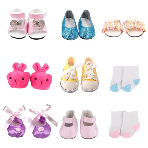 18 Inch Doll Shoes 7 Pairs of Doll Shoes 2 Socks 18 inch Doll Accessories Includes Sandals Ballet Flats Sequin/Sports/Princess/Bunny Shoes for 30-45 cm Doll Girls Boy Birthday Present