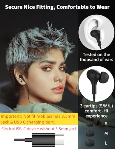 USB C Headphone for Samsung S23 FE S22 S21 S20 A53 A54 Wired Earbuds Magnetic in-Ear Type C Earphone with Microphone Volume Control Bass Stereo Noise Canceling for iPhone 15 Pro Max Pixel 6 6a 7a 8 5