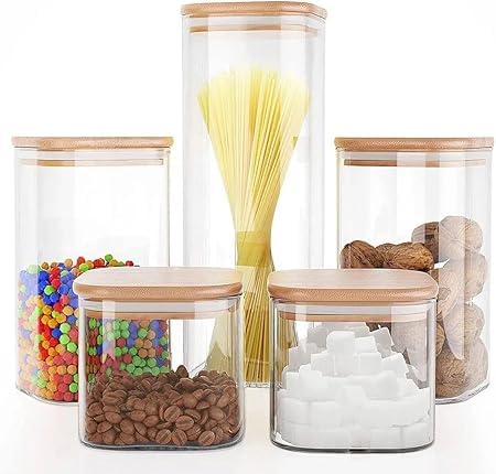 PICCASIO 𝐏𝐈𝐂𝐂𝐀𝐒𝐈𝐎 5 Pcs Glass Canister Sets with Bamboo Lids, Airtight High Borosilicate Multi Sizes Jars, Clear Food Jars for Tea, Coffee Beans, Spaghetti, Pasta, Cereal & Herbs (square)