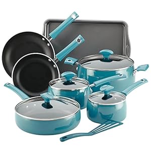 Rachael Ray 16883 Cityscapes Porcelain Enamel 12-Piece Nonstick Cookware Set – Turquoise – Open Box