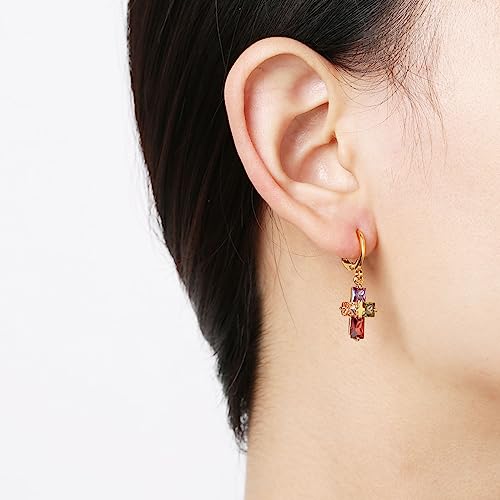 HZMAN Cross Earring for Women 14K Gold Plated Hypoallergenic Dangle Hoop Earrings Dainty Crystal Cubic Zirconia Earrings2