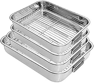 New 4 Pcs Professional Stainless Steel Roasting Trays with Removable Rack Pan Kitchen Cooking Baking Sturdy Handles Built to Last for Years Oven Roasting Pan with Grill