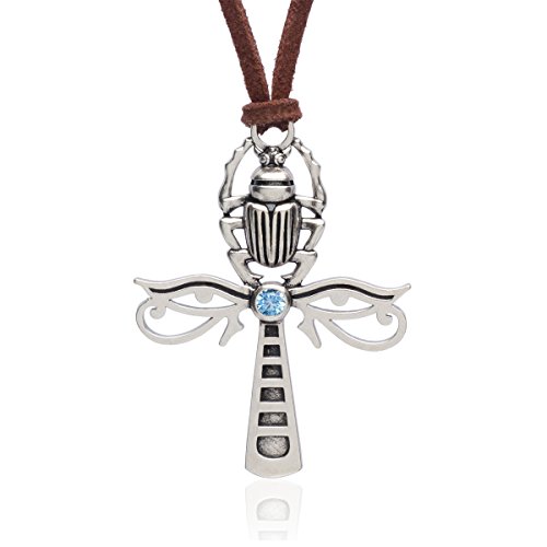 Karsee Ankh Cross Charm Pendant Necklace Horus Eye and Egyptian Scarab Integrated Vintage Jewelry Gifts Unisex Brown Adjustable Sliding Knot Leather Cord, Ancient Silver