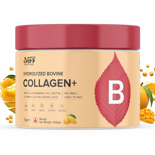 Image of MyFitFuel Hydrolyzed Bovine Collagen (100gm, Mango) with Biotin, Hyaluronic Acid, Zinc, Vitamin C & Glucosamine | For Skin, Hair, Nails & Joints