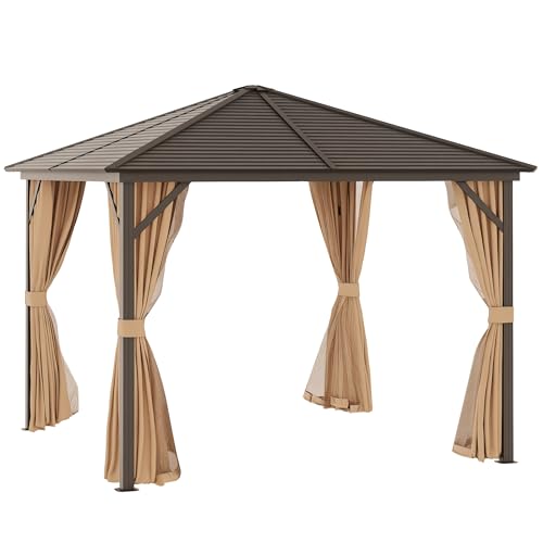 Outsunny Gartenpavillon Partyzelt Hardtop Pavillon Terrassenpavillon 4 x Doppel-Seitenwänden Laternenhaken Alu + Polyester Bronze+Hellbraun ca. 3 x 3 x 2,5 m