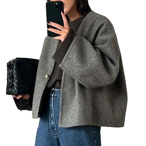 Frauen Cropped Wolle Mischung Mäntel Langarm Mantel Jacke Peacoat Herbst Winter Outwear Mantel (Grau,S)