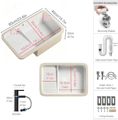 Modern Ceramic Undermount Bathroom Sink, Rectangle Laundry Sink with Washboard & Pull-Out Faucet, Deep 23.6x15.7in Sink for Laundry Room with Overflow, Stylish & Functional