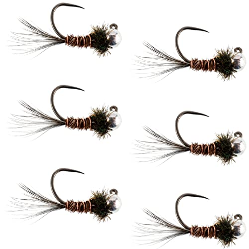 The Fly Fishing Place Tungsten Bead Pheasant Tail Tactical Jig Czech Euro Nymph Spanish Barbless Nymphing Fly - 6 Flies Size 16