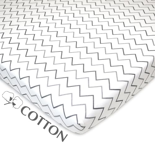 Image of American Baby Company 100% Natural Cotton Fitted Mini Crib Sheet 38 inch x 24 inch - Soft & Breathable Small Nesting Portable Crib Sheet, Fits Pack N Play Mattresses, Gray Zigzag, for Boys & Girls (Pack of 2)