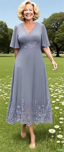 Tea Length V Neck Mother of The Bride Dresses with Sleeves for Women Lace Applique Formal Evening Gowns4