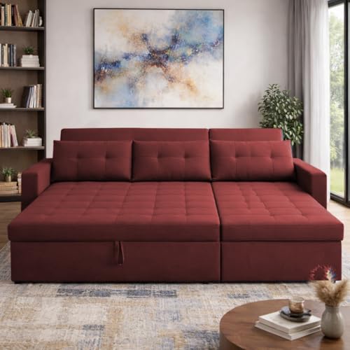 Image of Emilio 4 Seater RHS L - Shape Pull-Out Sofa Cum Bed Sofa for Living Room (Maroon Fabric Color) Premium Fabric Sofa Set for Living Room Sofa Cum Bed