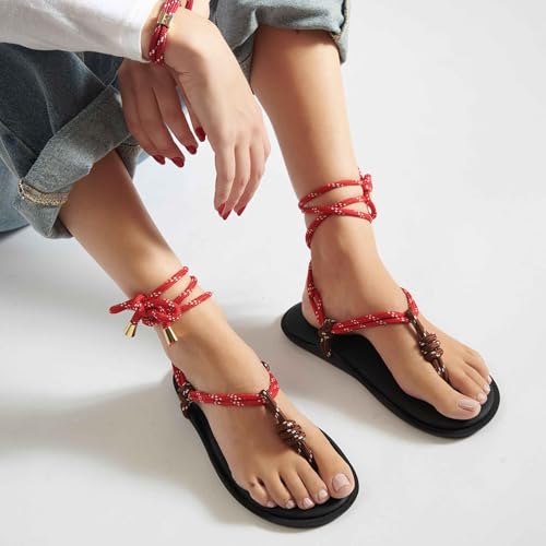Image of ZJGZF Rope Flip Flop Sandals for Women Thong Sandals Adjustable T Straps Comfortable Soft Flat Sandals