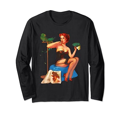 Vintage Pin-Up Redhead Beauty Lingerie with Parrot Long Slee