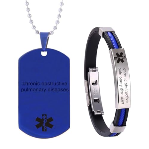 ZKXXJ COPD Medical Jewelry for Men,Engraved Medical Alert Dog Tag Blue Leather Wristband Set Emergency Awareness Medic ID Bracelet Pendant for Autism Allergy Diabetic Epilepsy