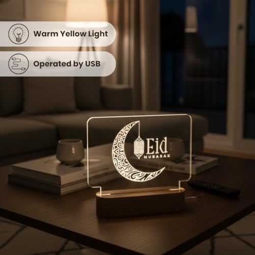 Image of Giftana Eid Mubarak LED Acrylic Night Lamp with Wooden Base - Decorative Moon Lamp with Warm Light - Eid Mubarak Gift for Men, Women & Friends - Eid Decoration Gift for Home, Bedroom & Table Decor