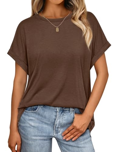 AUTOMET Women's Oversized Short Sleeve T-Shirt, Casual Drop Shoulder Top with Roll-Up Cuff Sleeves for Summer Brown XL