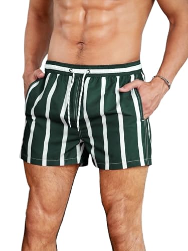 RAISER Men's Beach Swim Shorts Men Striped Drawstring Waist Swim Trunk