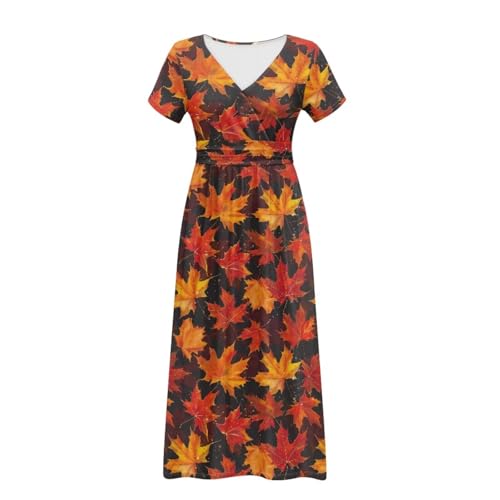 ZWPINITUP Vestido de fiesta de manga corta para mujer, cuello en V, con bolsillos, tallas S-3XL, Hojas de arce otoñales, M