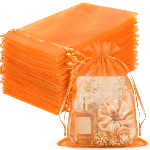 Image of FUNFERY 100PCS Orange Organza Gift Bags 5x7in,Drawstring Pouch for Jewelry