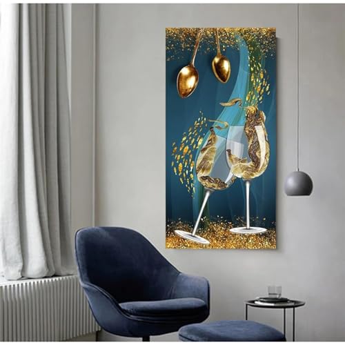 Toile d'art mural abstrait pour salon élégant avec motif verre de vin doré 80x160