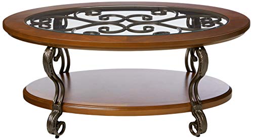 Signature Design by Ashley Nestor Traditional Oval Coffee Table with Beveled Glass Top, Scrollwork Underlay and 1 Fixed Shelf, Dark Brown - Thumbnail 4