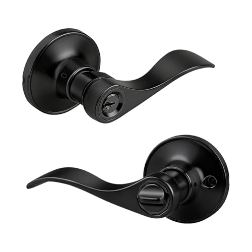 Image of Gobrico 1 Pack Keyed Entry Wave /Drop Style Door Lever Handle, Matte Black Knob with Lock and Key for Exterior Interior Door