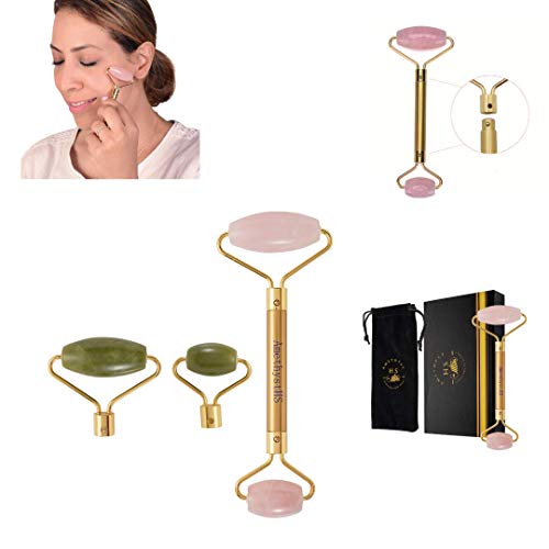 Real Premium Rose and Jade Roller 2 in 1 Noiseless Face Massager with Interchangeable Authentic DIY Jade and Rose Quartz facial Roller for Wrinkles and Anti-aging