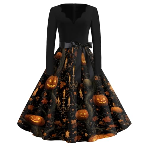 Vestido retro de manga larga para mujer que estiliza con escote V