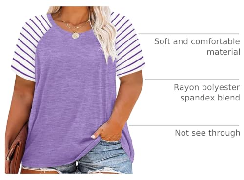 Image of CARCOS Plus Size Tops for Women Short Sleeve Raglan Striped Tee Color Block Crewneck /V Neck Tunic Loose Fit Summer XL-5XL