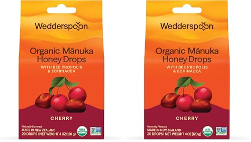 Image of Wedderspoon Organic Mānuka Honey Drops, Cherry, Bee Propolis & Echinacea, 20 Count, USDA Organic, Genuine New Zealand Honey, Natural Remedy for Dry Throat (Pack of 2)