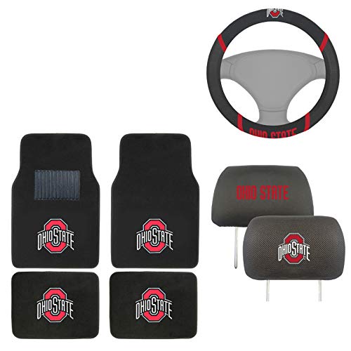AAC FANMATS NCAA Carpet Floor Mats Bundle with Head Rests and Steering Wheel Cover for Ohio State Buckeyes Fans Officially Licensed(7 Items)