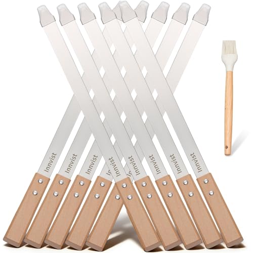 Innvist 10PCS Stainless Steel Koobideh Skewers 23.6 Flat Persian Kabob Skewer Metal Long BBQ Skewers for Grilling Meat with Wood Handle and Silicone Brush for Picanha Brazilian Shish Adana Kebab