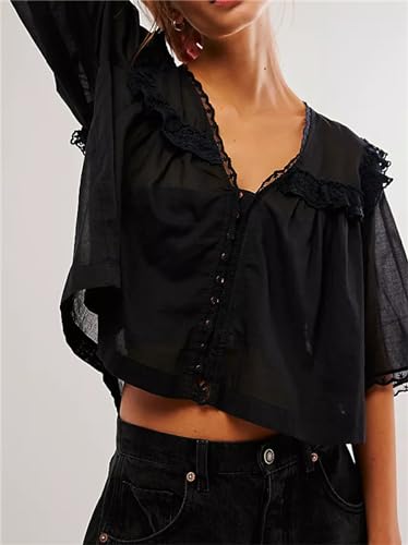 Hassembly Women Summer Cute Chiffon Shirt Low Cut V-Neck Short Sleeve Ruffle Trim Blouse Y2K Going Out Button Down Mesh Shirt4