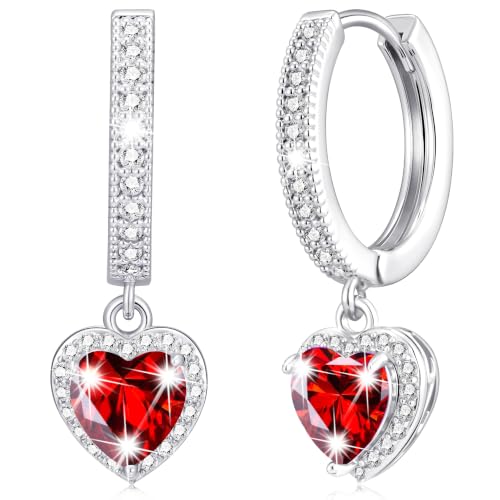 Image of Lunvky Sterling Silver Heart Birthstone Earrings for Women Girls 14k Gold Plated Diamond Hoop Earrings Dainty Huggie Drop Sleeper Earrings Birthday Jewellery Gifts for Mum Daughter