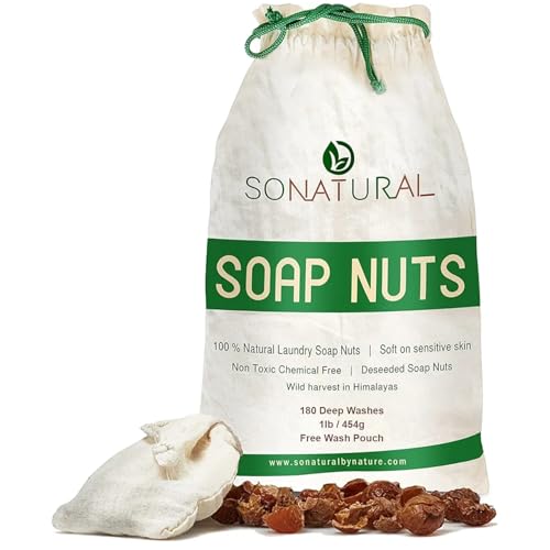 SoNatural Organic Soap Nuts 1lb/180 Loads + Wash Bag Included - Deseeded Soap Berries | Hypoallergenic Laundry Detergent for Sensitive Skin & Baby Clothes| Fragrance & Sulfate-Free Shampoo