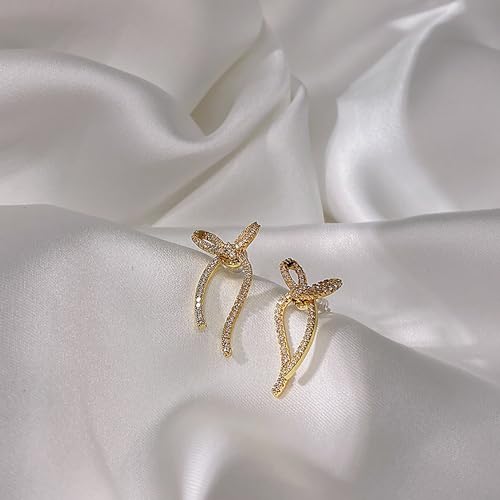 Gold Sparkly Rhinestone Bow Earrings for Women, Long Chain Bowknot Tassel Drop Dangle Earrings Jewelry for Gifts Party,Trendy Crystal Studs Earrings (Gold) by Rrdaily - Used condition - Image 5