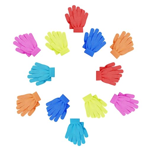 12 Pairs Kids Winter Gloves, Children Bulk Pack Fun Colorful Cute Magic Glove for Boys & Girls (Assorted #5, 6-12 Years)