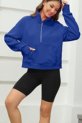 Womens Sweatshirts Half Zipper Crop Pullover Funnel Neck Fleece Lined Zip Up Long Sleeve Tops Thumb Hole Blue #TOP2